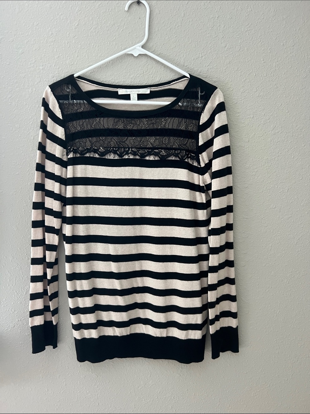 LC Lauren Conrad Black & Cream Striped Lace Yoke Sweater women’s large